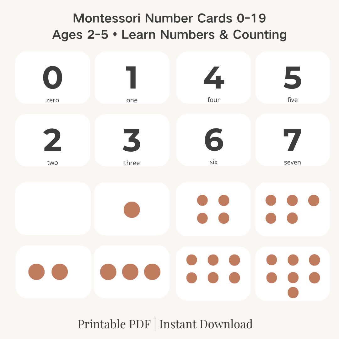 Montessori Number Cards 0-19 | Printable Flashcards | Counting Cards for Toddlers | Homeschool Math Materials | Instant Download
