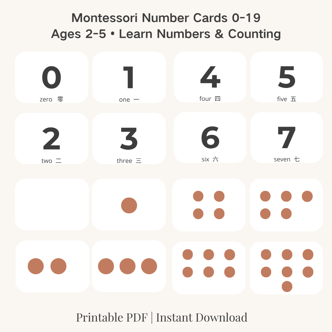Montessori Number Cards 0-19 | Bilingual | English + Chinese