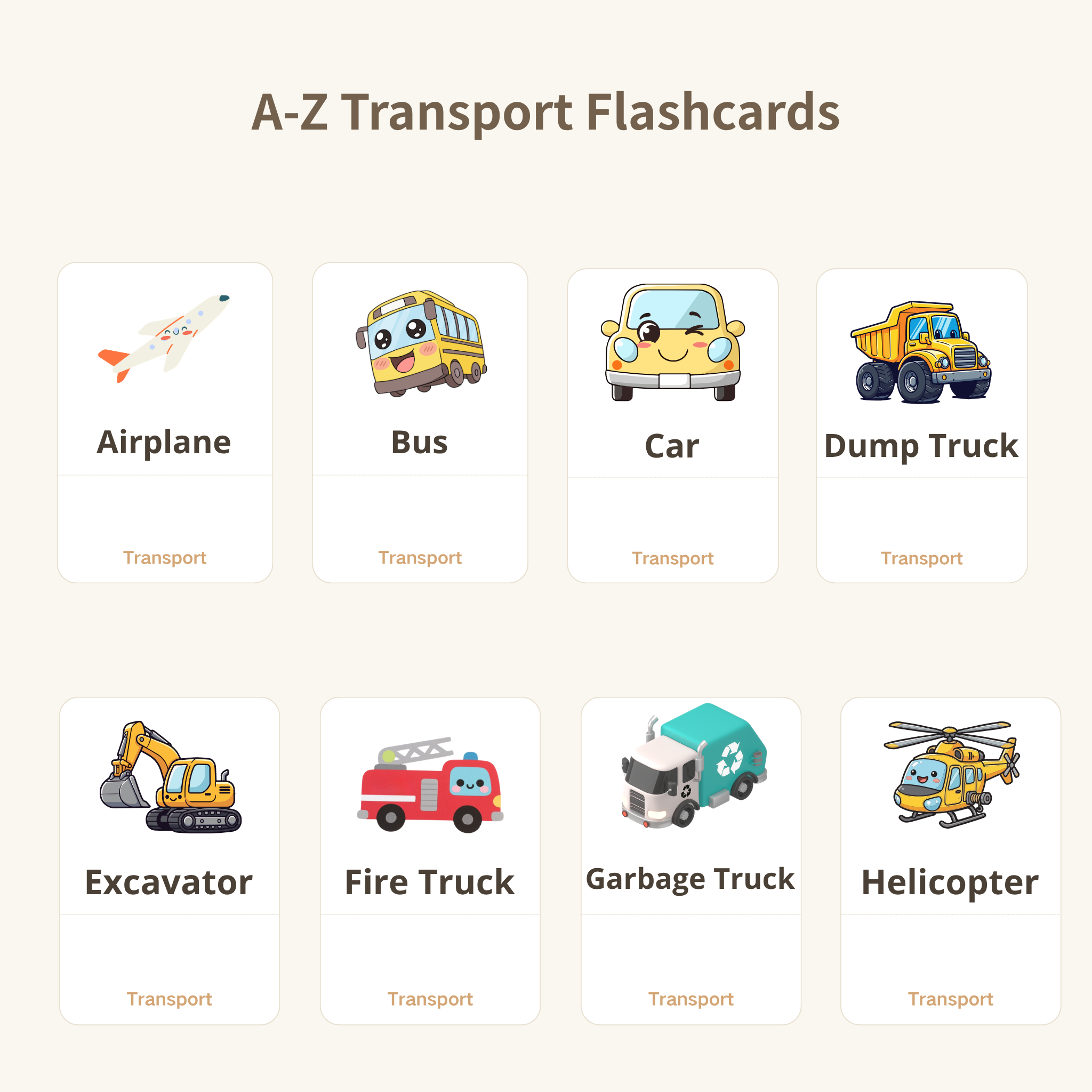 A-Z Vehicle & Transportation Flash Cards | Printable ABC Learning Cards | 26 Vehicles | Toddlers & Preschoolers | Instant Download