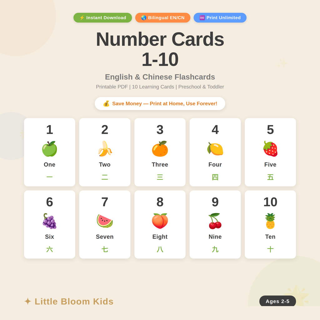 Number Cards 1-10 Printable | Bilingual English Chinese Flashcards | Toddler Preschool Learning Digital Download